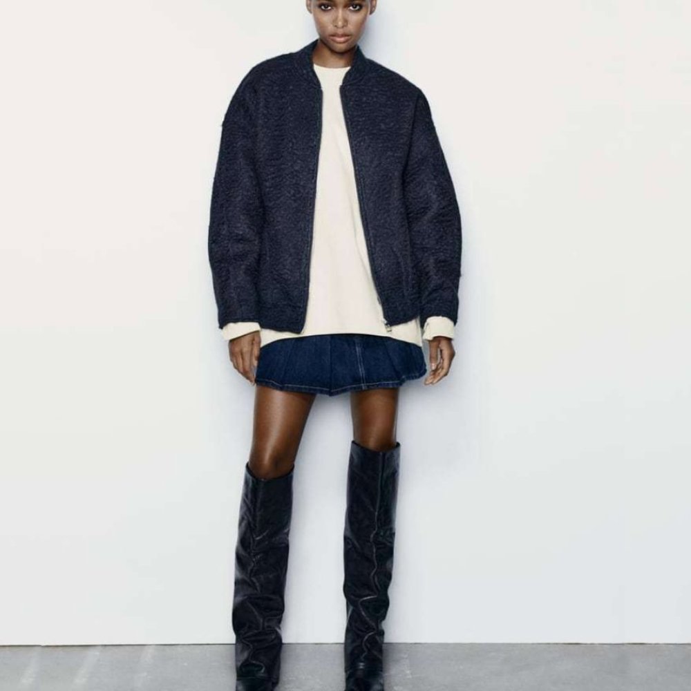NWT ZARA OVERSIZED BOUCLE BOMBER MIDNIGHT BLUE